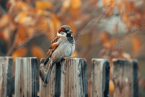 A charming house sparrow perched on a wooden fence, with a rustic countryside background.