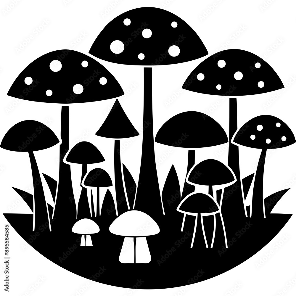 Creative and clean vector illustration of a forest with multiple mushroom silhouettes in black and white ideal for digital art and clipart Creative and clean vector illustration of a forest with multiple mushroom silhouettes in black and white ideal for digital art and clipart
