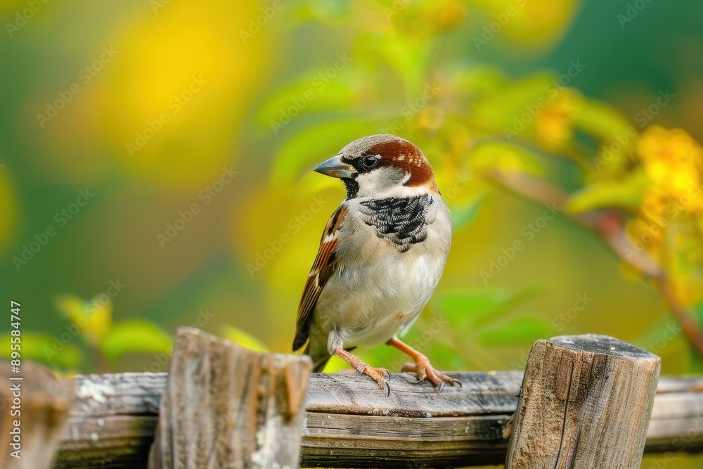 Obraz premium A charming house sparrow perched on a wooden fence, with a rustic countryside background.