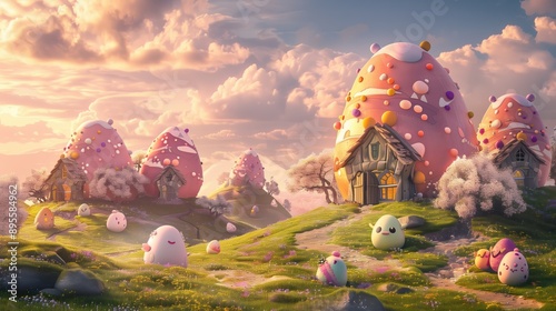 Enchanted Easter Egg Village in the Dreamy Pastel Hills with Adorable Animal Inhabitants under Pink Sky