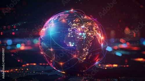 digital globe with animated trade routes and financial centers glowing in vibrant colors against a dark background