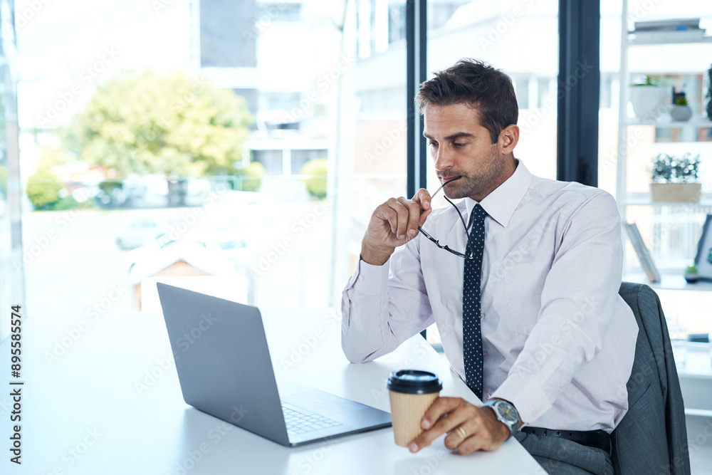 Laptop, review and thinking with business man at desk in office for accounting, administration or finance. Decision, idea and stress with professional accountant in corporate workplace for budgeting Laptop, review and thinking with business man at desk in office for accounting, administration or finance. Decision, idea and stress with professional accountant in corporate workplace for budgeting