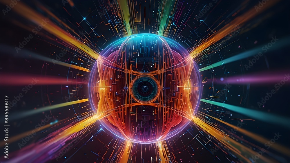 Obraz premium colourful quantum computer core surrounded by dynamic light trails, representing cutting-edge technology.