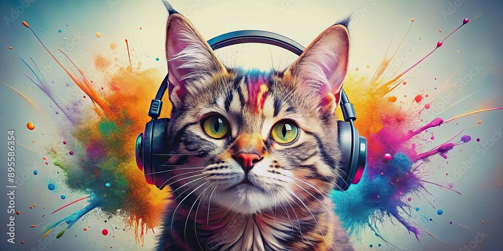 Abstract artistic splash art happy cat wearing headphones, cat, happy, headphones, abstract, artistic, splash art, music Abstract artistic splash art happy cat wearing headphones, cat, happy, headphones, abstract, artistic, splash art, music