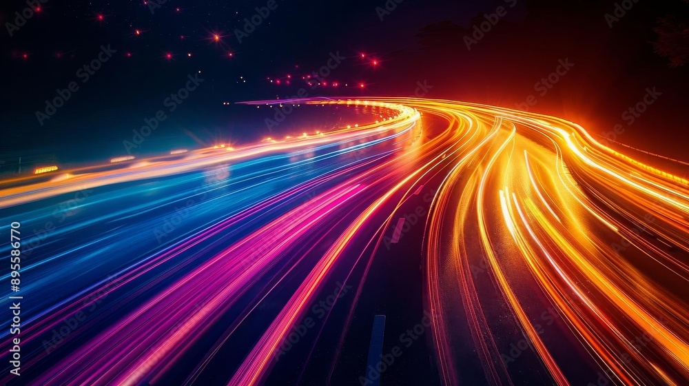 A dynamic longexposure photograph capturing a vivid array of colorful light trails against a dark backdrop This energetic image A dynamic longexposure photograph capturing a vivid array of colorful light trails against a dark backdrop This energetic image
