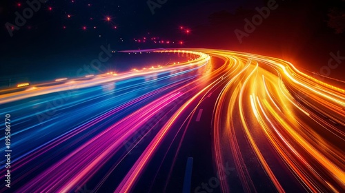A dynamic longexposure photograph capturing a vivid array of colorful light trails against a dark backdrop This energetic image