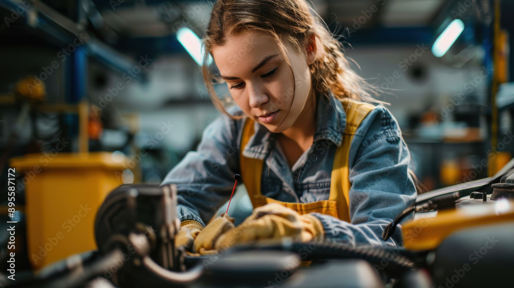 A female mechanic checking the oil level of a car engine, holding a dipstick. A female mechanic checking the oil level of a car engine, holding a dipstick.