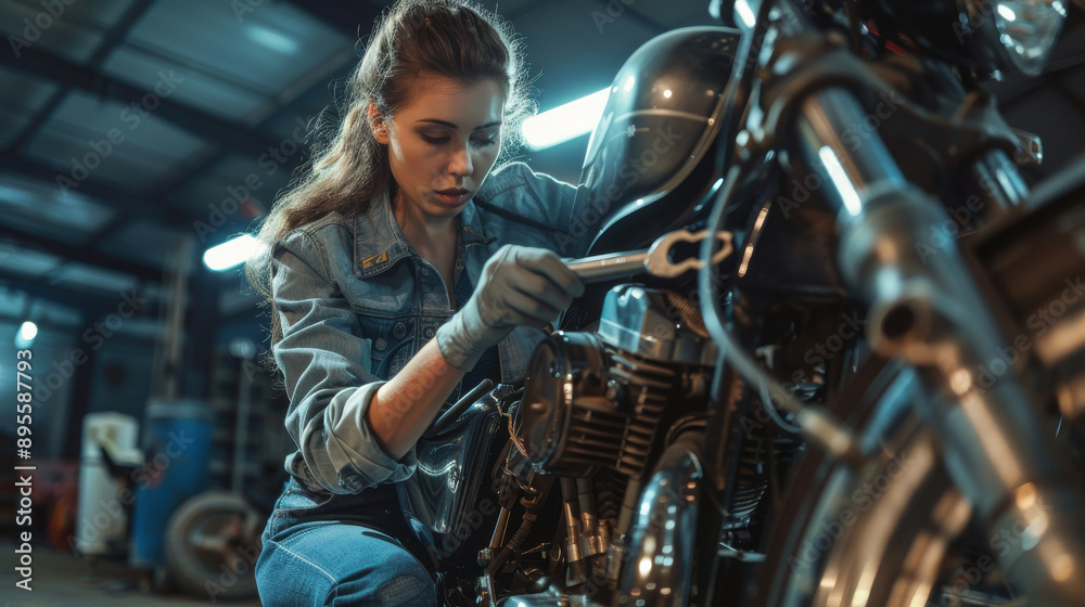 A determined woman using a wrench to adjust a motorcycle's chain in a well-lit garage. A determined woman using a wrench to adjust a motorcycle's chain in a well-lit garage.
