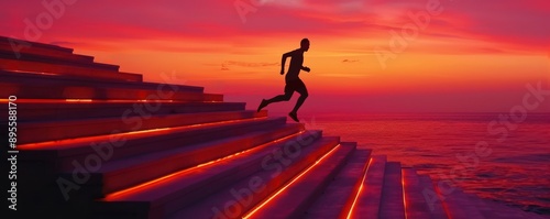 Wallpaper Mural A man running up a set of stairs with the ocean in the background. Free copy space for text. Torontodigital.ca
