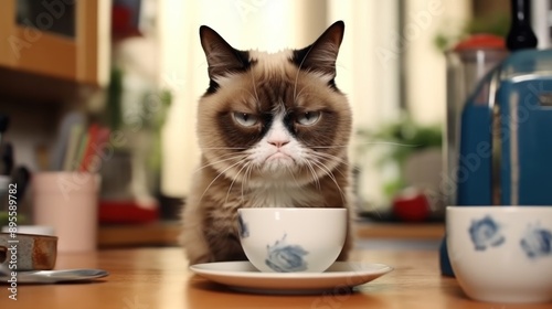 Grumpy Cat with a Cup of Tea