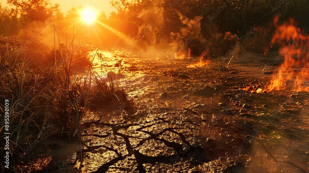 The image shows cracked earth with a large fire in the background. The sky is orange and the ground is black and cracked. The image shows cracked earth with a large fire in the background. The sky is orange and the ground is black and cracked.