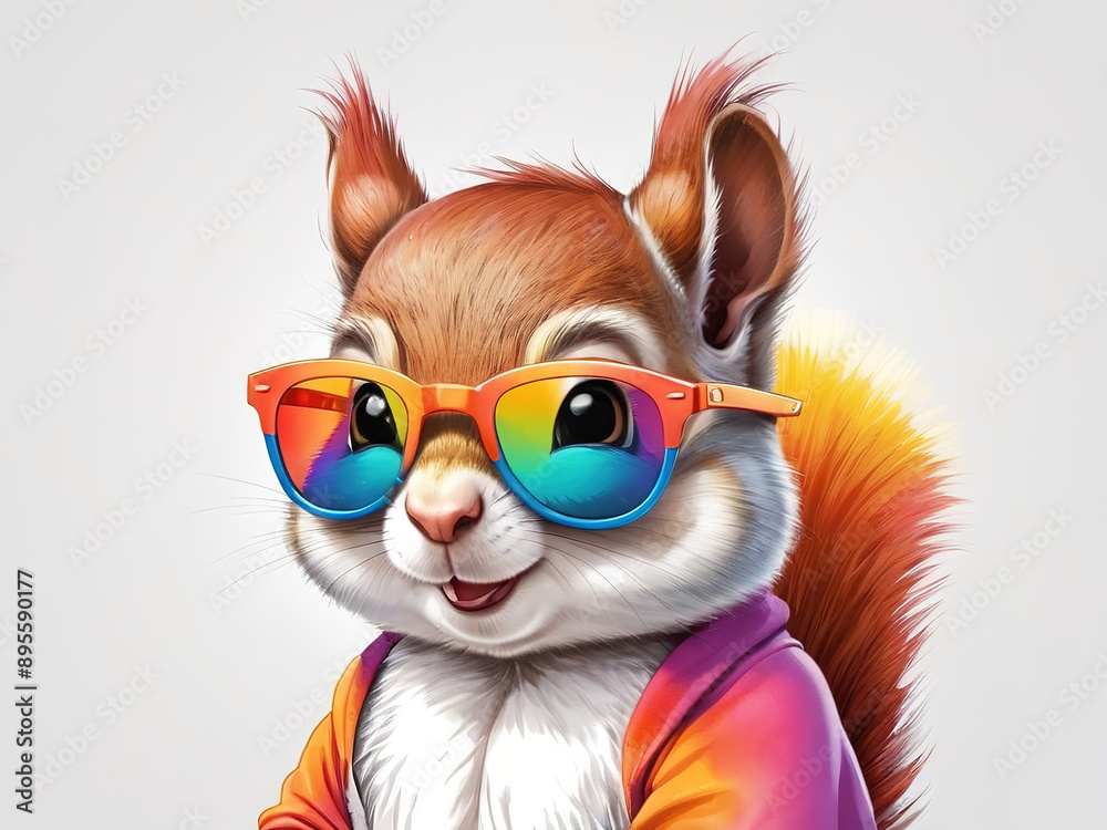 Obraz premium Cute squirrel in colorful glasses, white background, illustration