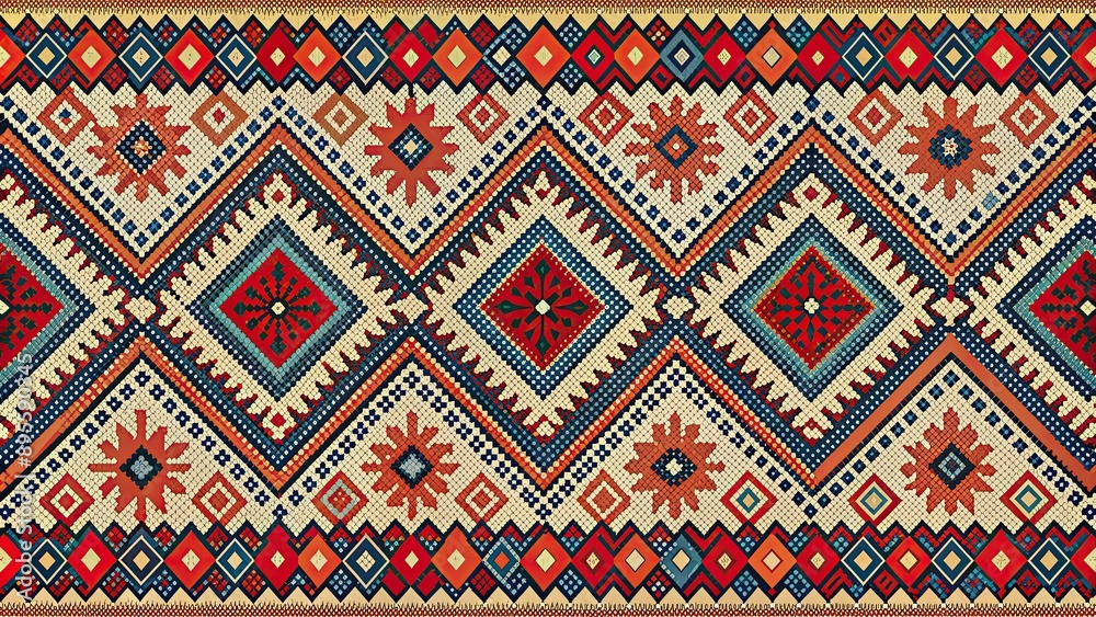 Ethnic Sami Nordic pattern with bold geometric shapes in red, blue Ethnic Sami Nordic pattern with bold geometric shapes in red, blue