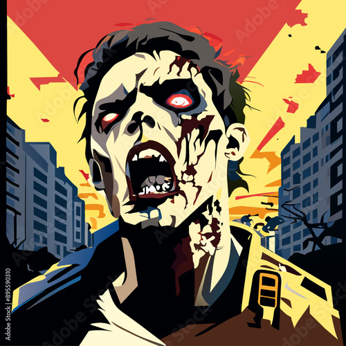 Zombie in the city. Vector illustration in retro style. Halloween. photo