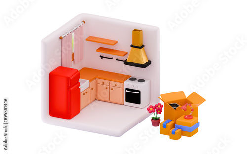 View of kitchen appliances delivery or moving Packed moving boxes Minimal three-dimensional 3D render illustration