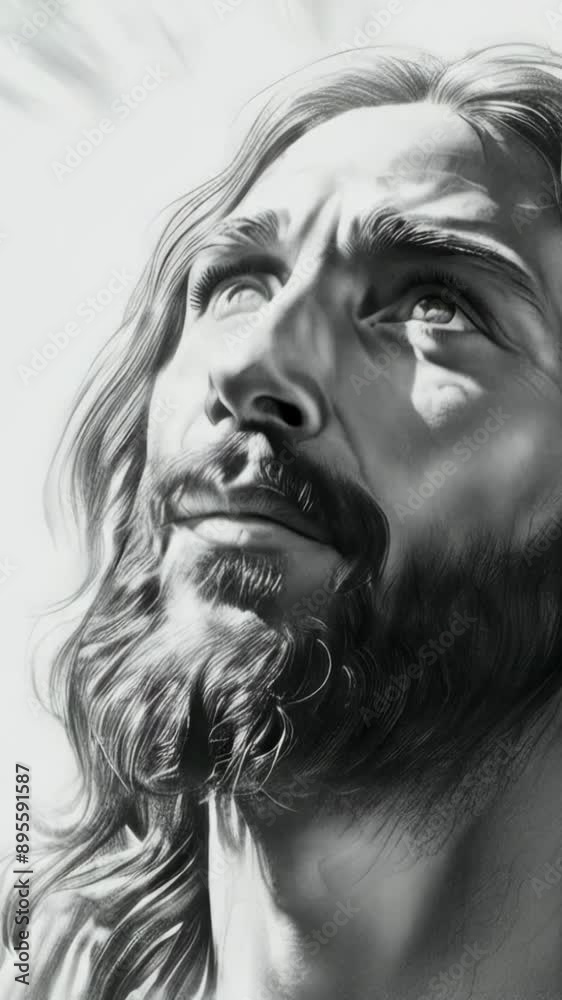 Jesus Christ face draw art black white pensil sketch style animation -- 4k 9x16 vertical stock video footage AI Jesus Christ face draw art black white pensil sketch style animation -- 4k 9x16 vertical stock video footage AI