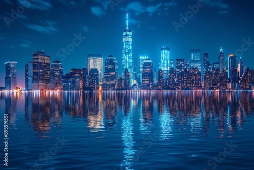 Night cityscape of New York skyline reflecting in the water, ideal for travel and urban themes. photo