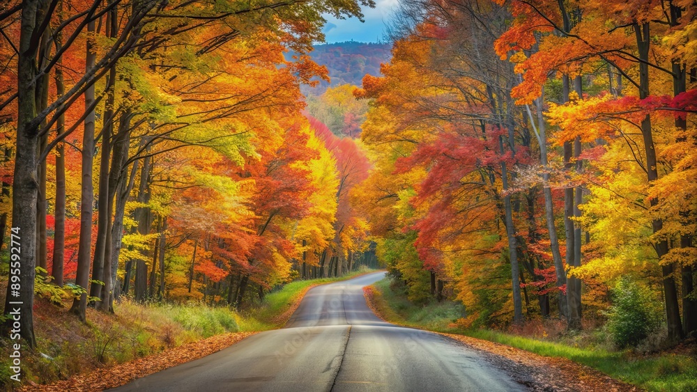 Fototapeta premium Autumn forest landscape with colorful trees lining a country road, Autumn, forest, colorful, landscape, trees, road, foliage