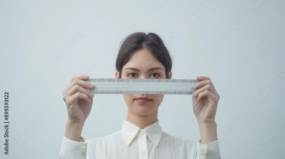 Strict Female Manager with Ruler in Hand on White Background - Professional and Authoritative Business Concept with Copy Space. Strict Female Manager with Ruler in Hand on White Background - Professional and Authoritative Business Concept with Copy Space.