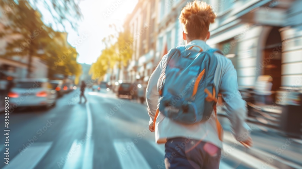 Funny Rushed Student with Bedhead Running Down Sunny Street Funny Rushed Student with Bedhead Running Down Sunny Street