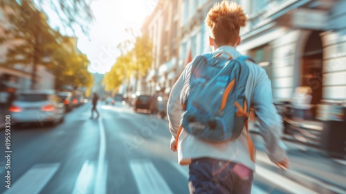 Funny Rushed Student with Bedhead Running Down Sunny Street