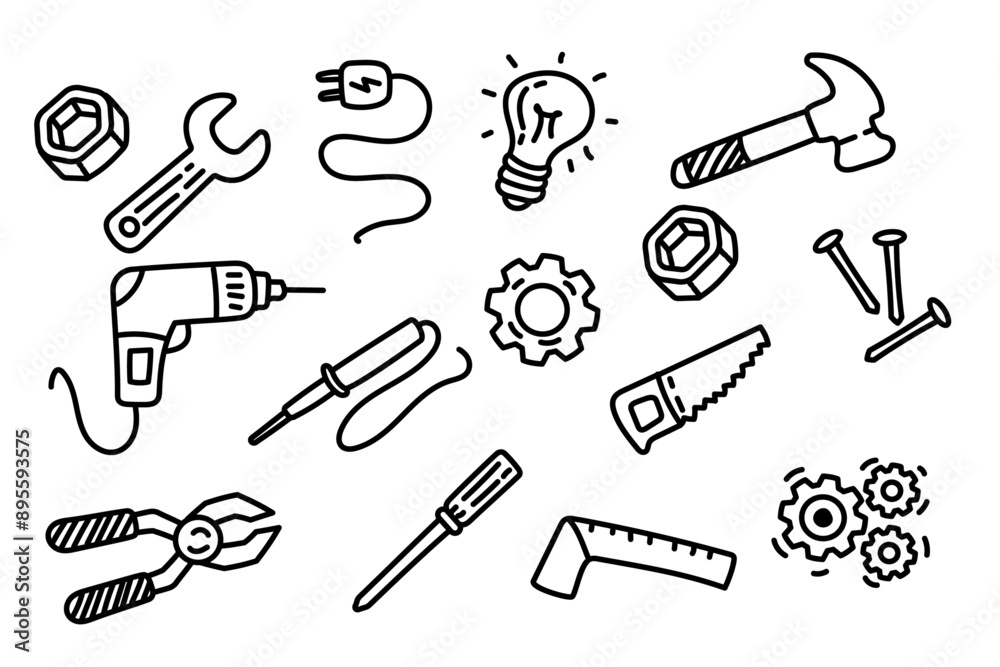 Fototapeta premium Set of repair tools doodle illustration on white background. Hand-drawn tools elements vector.