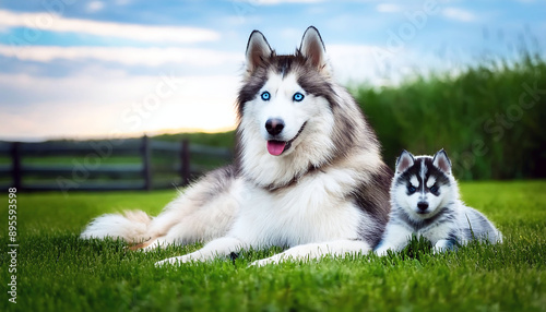 Husky dogs and Husky puppies sit and relax in the grass. In the morning he had beautiful eyes and fur.