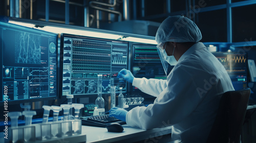 A healthcare worker in a state-of-the-art lab, analyzing samples with advanced diagnostic equipment and computer screens displaying detailed medical data