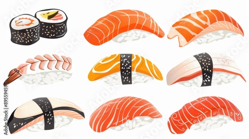 Nigiri Sushi Set with Sake and Fresh Salmon. Traditional Japanese Seafood Delicacy