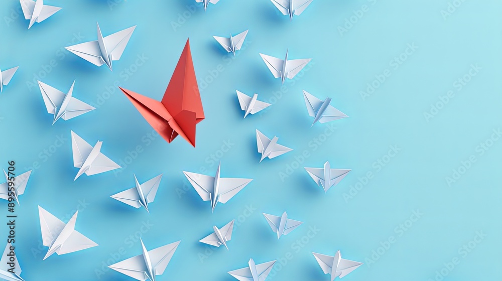 A red paper airplane stands out among white ones, soaring in a new path against a blue backdrop