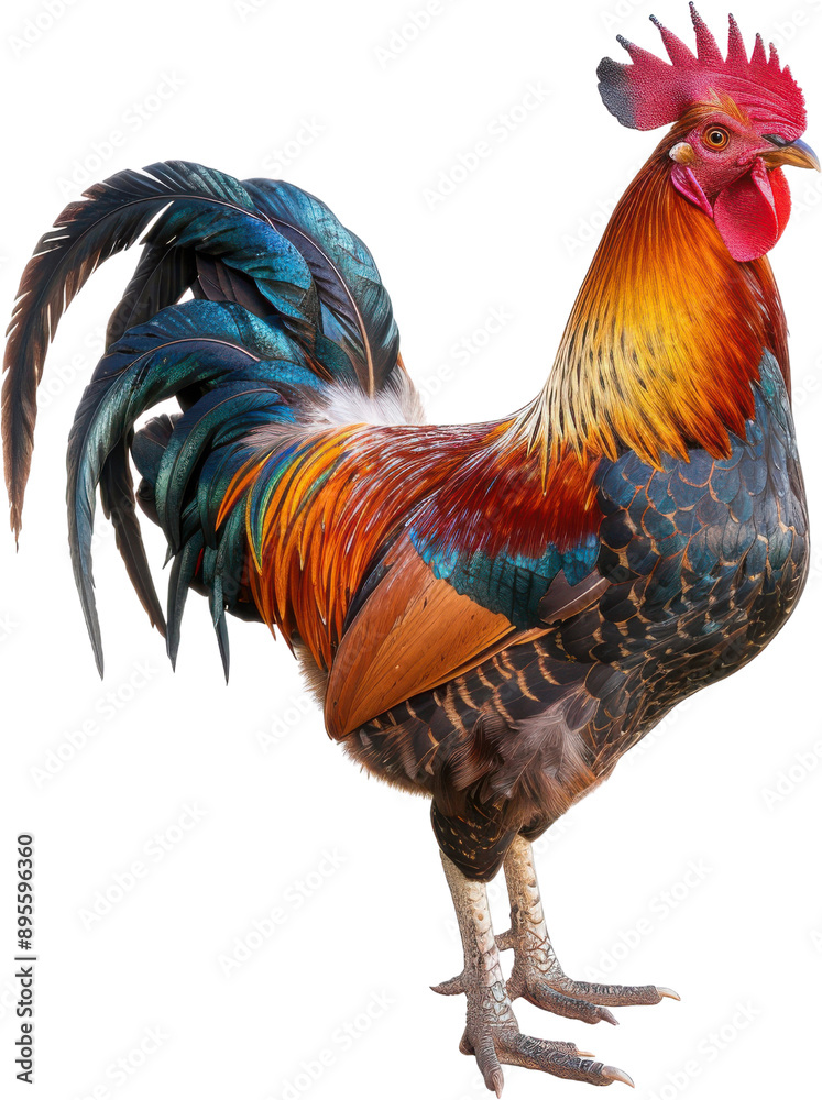 Fototapeta premium A Stunning Rooster Showcasing Its Magnificent Multicolored Plumage, transparent background