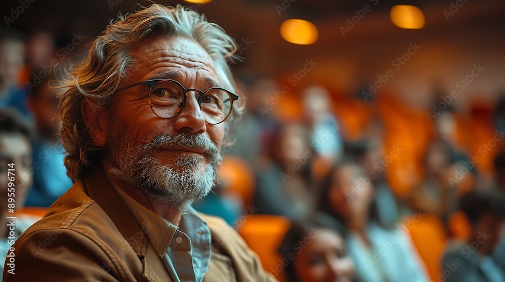 A realistic photograph, 8K resolution, shot on professional DSLR camera, shallow depth of field, tack-sharp focus, exquisite detail, high dynamic range of A minimalist lecture hall with a cheerful 