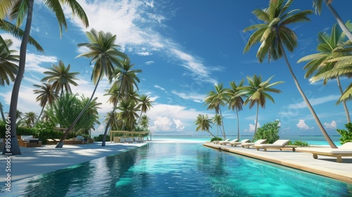 A stunning view of the pool and beach at an island resort in Maldives with palm trees swaying gently under blue skies Sun loungers line one side of the pool 