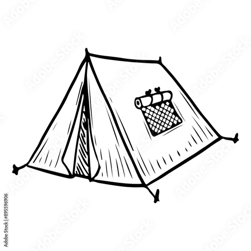 Camping tent hand drawn in doodle style. Tourist folding house for overnight stay in the forest mountains. Tent camp. Protection from rain and cold. Vector line art illustration.