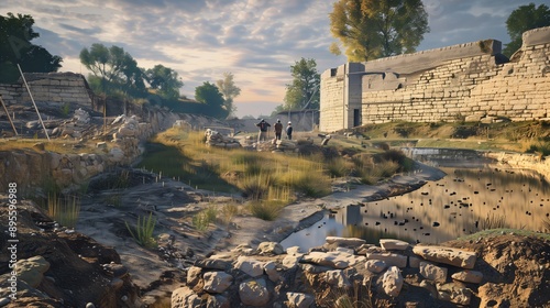 medieval castle foundations stone walls and moat revealed archaeologists mapping the site photo