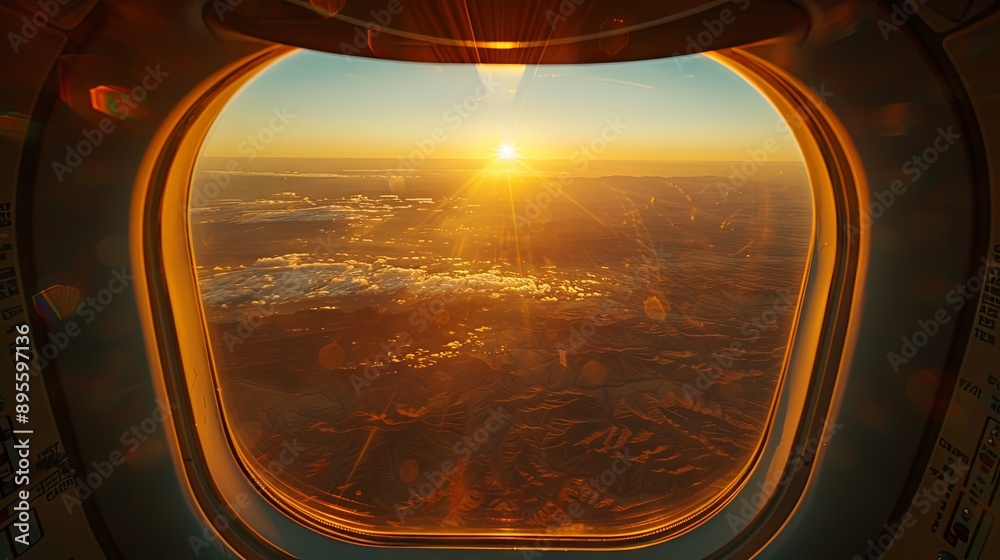 A stunning sunrise seen through an airplane window with a captivating vista, including a vast landscape below, creating a serene copy space image
