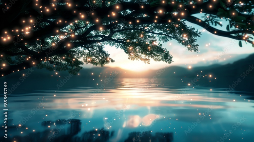 Naklejka premium Fantasy landscape of a serene lake surrounded by luminous charms, with a soft, magical mist drifting over the water, creating a tranquil and otherworldly scene