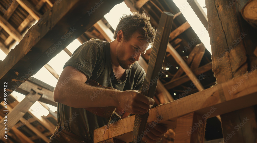 A male carpenter assembling a wooden frame, hammering nails with precision and concentration. A male carpenter assembling a wooden frame, hammering nails with precision and concentration.
