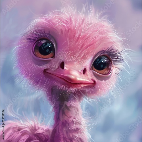 Pink Ostrich with Big Eyes and Feathery Head photo