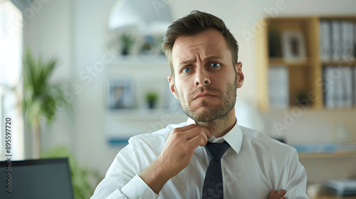 Man with look of embarrassment adjusting tie in office