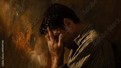 Man with look of shame head bowed and covering face in dimly lit room