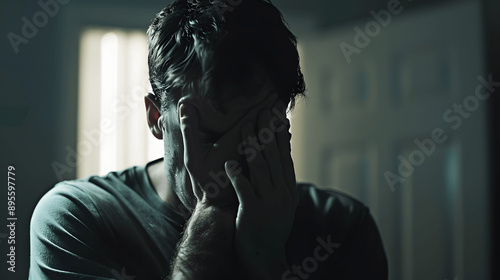 Man with look of shame head bowed and covering face in dimly lit room photo