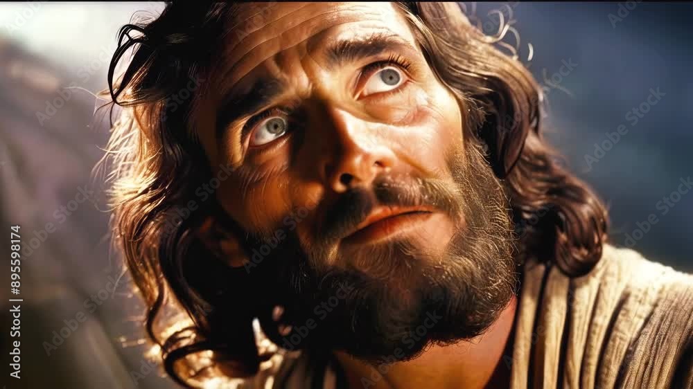 Jesus Christ face portrait in dramatic light in retro movie style realistic isolated animation -- 4k stock video footage AI Jesus Christ face portrait in dramatic light in retro movie style realistic isolated animation -- 4k stock video footage AI