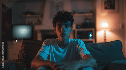 Teenager with indifferent expression watching TV in dimly lit living room