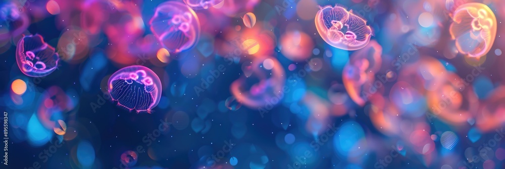 Jellyfish glow with colorful lights, hyperrealism, pattern, banner, place for text Jellyfish glow with colorful lights, hyperrealism, pattern, banner, place for text