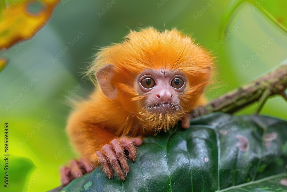 A cute golden monkey sitting on a leaf. This photo can be used to illustrate articles about endangered species or the beauty of nature.