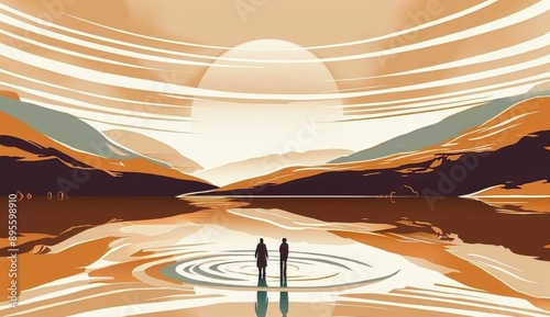 Two figures stand by a lake at sunset in a surreal landscape