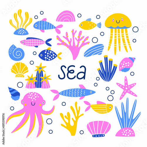 Set of underwater life, animals and plants.