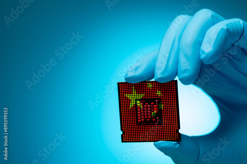 China's chip industry with electronic engineer holding computer chip. Electronic components in CPU and motherboard manufacturing sector. China role of semiconductors in the electronics industry. photo