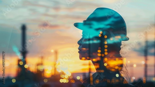 Double exposure of an oil and gas worker in front of the industry double exposure photography silhouette portrait 